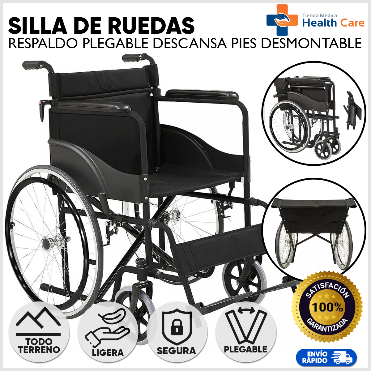 Silla de Ruedas Con Respaldo Plegable y Descansa Pies Desmontable