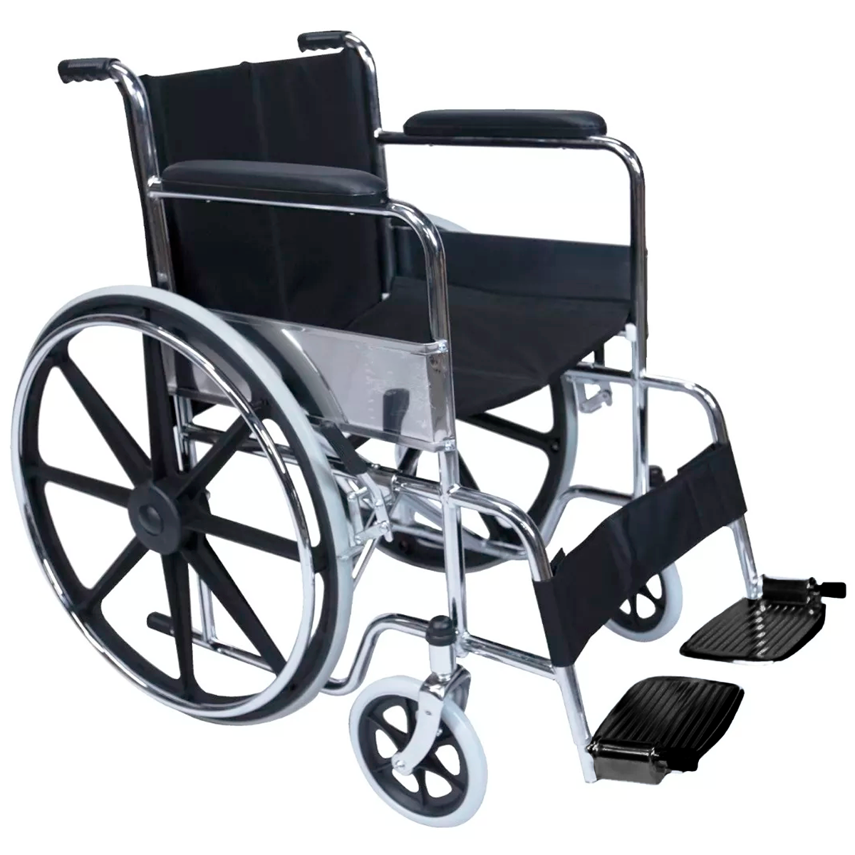 Silla de Ruedas de Lujo Cromada con Brazos y Descansapies Fijos y Tapiceria Vinil